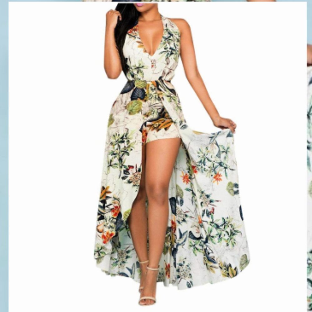 Women Floral Backless Jumpsuit Romper Dress